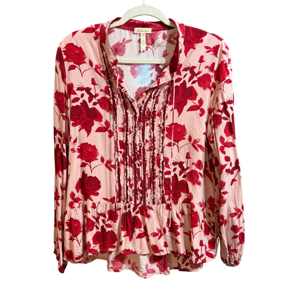 Matilda‎ Jane Pink Red Rose Floral Peplum Top Ruffle Velvet Trim M Romantic
